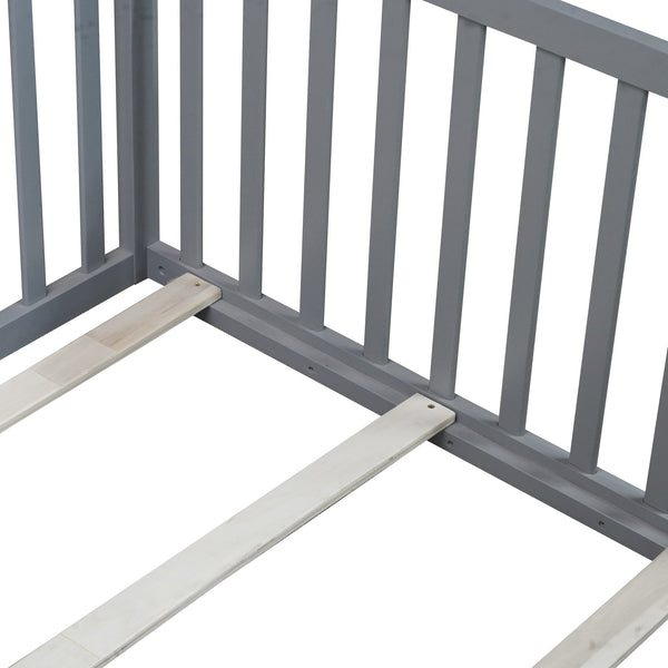 English Elm Twin House Frame Floor Bed Rubberwood with Roof Canopy and Safety Rails for Kids Grey W504P429529