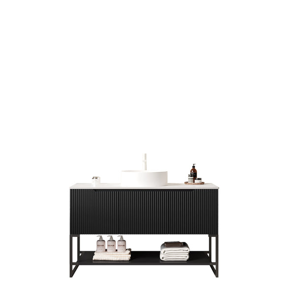 English Elm Tulio Freestanding 48 Inch Bathroom Vanity Matte Black Cabinet Vessel Sink Sintered Stone W2615S00219