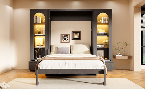 English Elm Queen Murphy Bed with Led Lighting Side Cabinets Shelving and Fold Down Desk Panel Gray N7090002226E-1