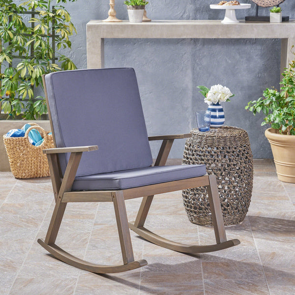 English Elm Champlain Outdoor Acacia Wood Rocking Chair with Cross-back Design and Cushions 62685.00GRY