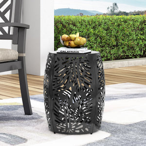 English Elm Metal Cylindrical Accent Table Powder Coated Iron with Tropical Palm Leaf Lattice Design Black 73613.00BLK