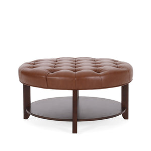 English Elm Round Tufted Pu Leather Ottoman with Open Shelf Storage for Living Room Light Brown 71589.00COGN