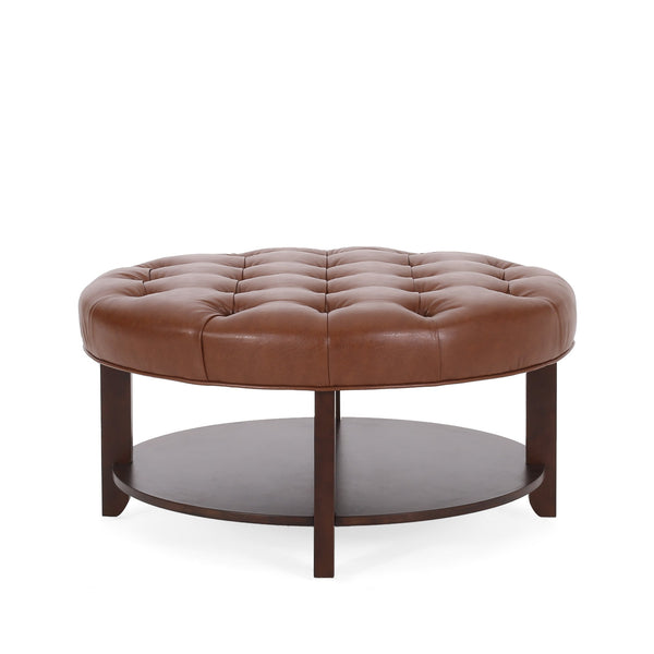 English Elm Round Tufted Pu Leather Ottoman with Open Shelf Storage for Living Room Light Brown 71589.00COGN