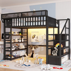 English Elm Full Metal Loft Bed with Stair Storage Rgb Lighting and Charging Station for Teens Black W2580S00074