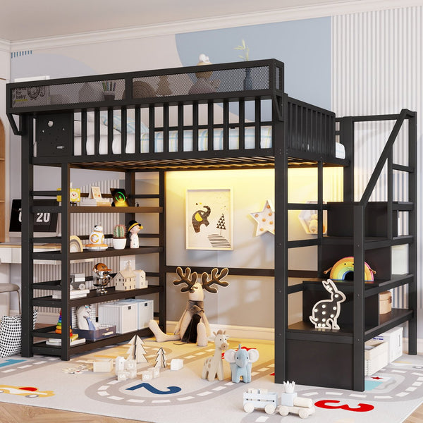 English Elm Full Metal Loft Bed with Stair Storage Rgb Lighting and Charging Station for Teens Black W2580S00074