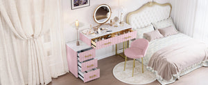 English Elm Velvet Upholstered Vanity Desk Set with Marble-Look Top, Padded Chair, 5 Spacious Drawers & Gold Accents Pink 17.5 L x 16.3 W x 16.1 H N733S272606H