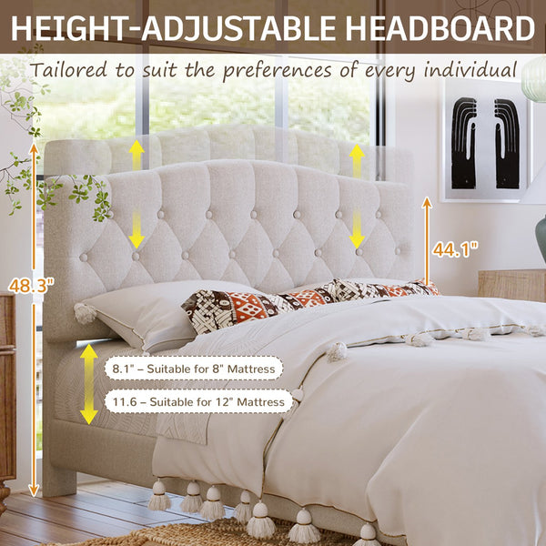 English Elm Upholstered Diamond-Tufted Platform Bed with Two-Position Adjustable Headboard and Sturdy Support Beige 81.22 L x 26.81 W x 5.24 H N701P342941B