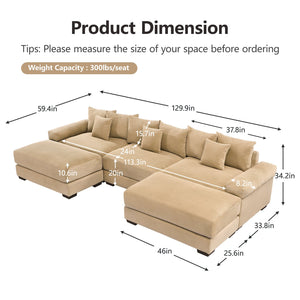 English Elm 130" Oversized Cloud Modular Sectional Couch In Plush Camel Corduroy, Ergonomic Design & Ottoman Included For Ultimate Comfort W714S01309