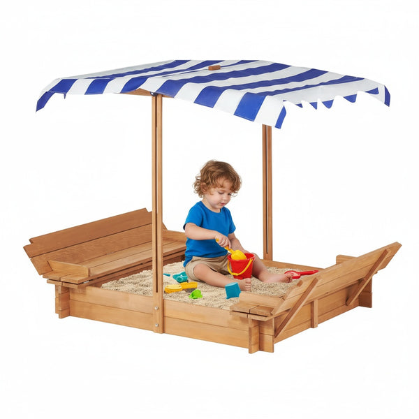 English Elm Kids Cedar Sandbox with Adjustable Canopy Corner Seating Outdoor Backyard Play D720094432