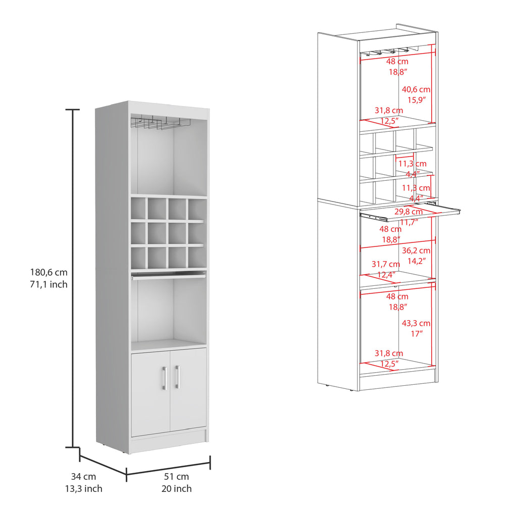 English Elm Kevil 71-Inch Tall Bar Cabinet with 12-Bottle Cubbies, Stemware Rack, Pull-Out Tray & 5 Shelves White 42 L x 19 W x 9 H B200P188836