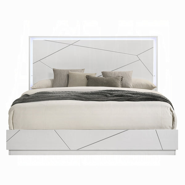 English Elm Ultra Modern white and silver high gloss Queen Bed with LED Headboard and Embossed Line Design Glossy White 84 L x 34 W x 7 H B2741S00747
