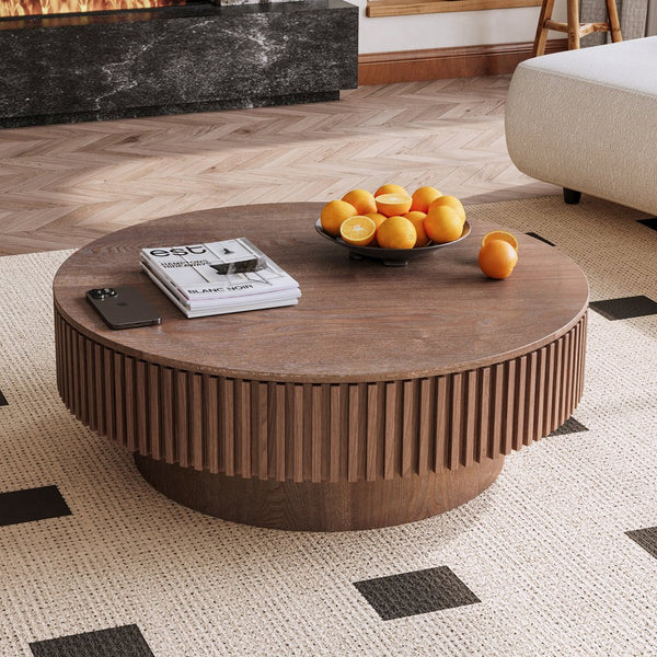 English Elm 39.37'' Round Lift-top Coffee Table Fluted Wood Veneer Hidden Storage Modern Living Room Walnut W1435P261921