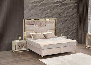 English Elm Omari Modern 4-Piece Queen Bedroom Set With Hydraulic Storage Bed & Gold Accents In Elegant Beige B009S01395