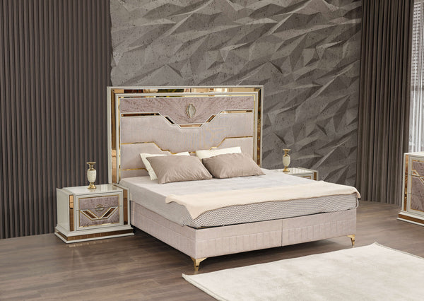 English Elm Omari Modern 4-Piece Queen Bedroom Set With Hydraulic Storage Bed & Gold Accents In Elegant Beige B009S01395