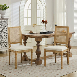 English Elm French Louis Dining Chair Set of 2 with Carved Solid Wood Frame, Rattan Back, Plush Foam Seating, 300lb Capacity Beige W1143P335056