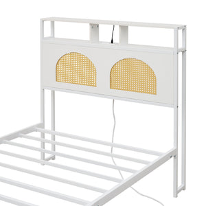 English Elm Twin Rattan Headboard Platform Bed with Rgb Lighting and Built-in Charging Station W1903P410742
