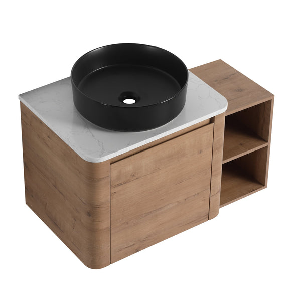 English Elm 36'' Wall-Mounted Bathroom Vanity With Ceramic Vessel Sink, Soft-Close Door & Stylish Storage Shelves W999S00407