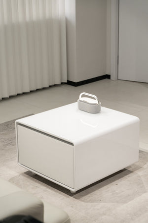 English Elm Modern Coffee Table with Built in Mini Fridge Power Outlets and Beverage Storage White W1172P483597