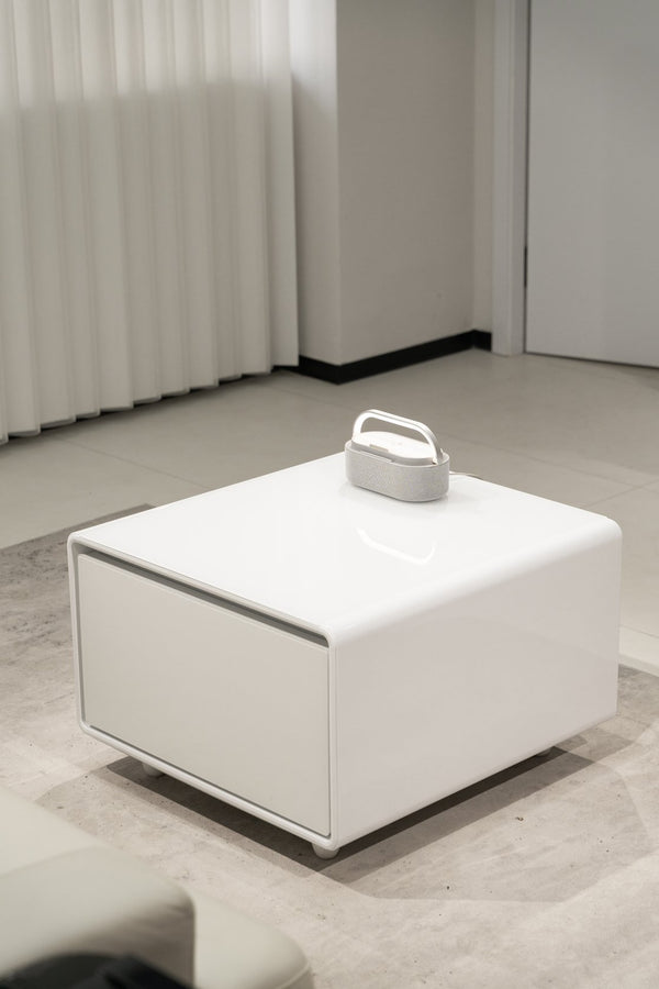 English Elm Modern Coffee Table with Built in Mini Fridge Power Outlets and Beverage Storage White W1172P483597