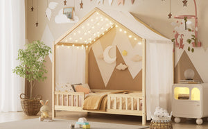 English Elm Montessori House Bed Frame Twin with Canopy & Full Guardrails, Cozy Kids Platform Bed for Toddlers Natural 81.5 L x 16 W x 6.6 H N733P356043M