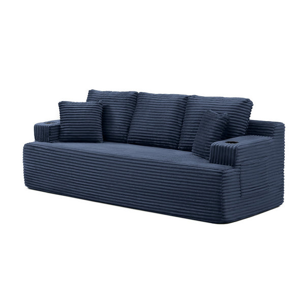 English Elm Boneless Floor Sofa Corduroy Upholstered 5 Seat Low Profile with Cup Holders for Living Room Blue W1117S00433