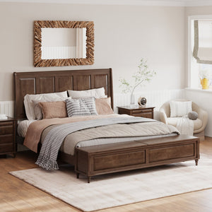 English Elm Queen Sleigh Bed Solid Rubberwood Walnut Finish Curved Headboard Footboard Storage Bench Walnut Brown W1716S00036