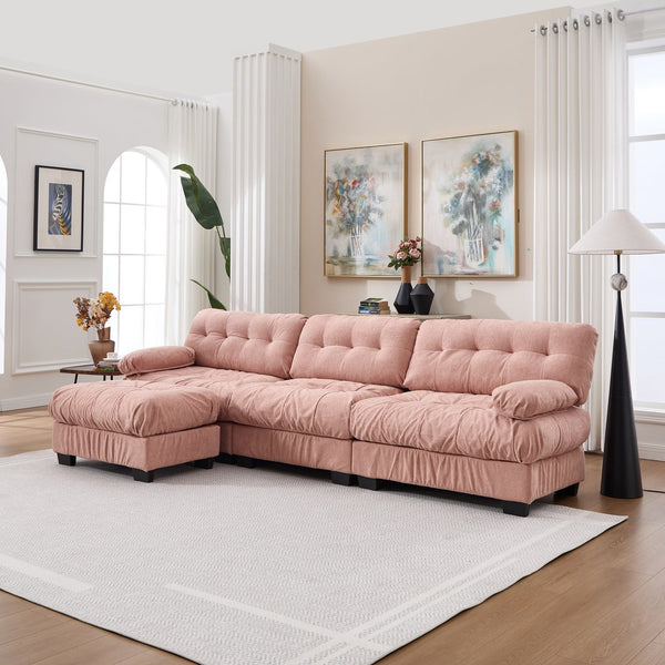 English Elm Modular Cloud Sectional Sofa Flannelette Deep Seat L Shape with Movable Ottoman Pink W2120S00036