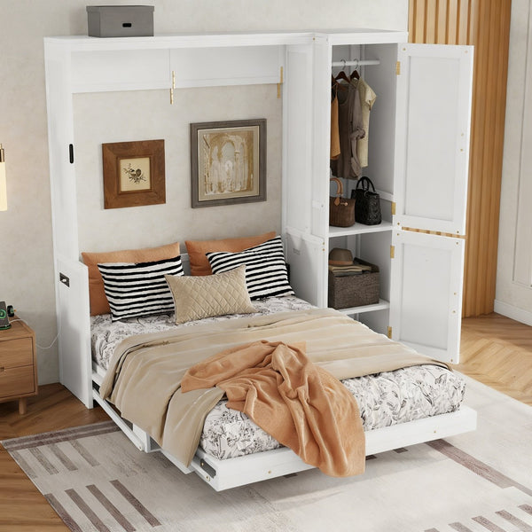 English Elm Queen Murphy Wall Bed with Integrated Desk Gas Strut Lift White Cabinet for Small Spaces W504S00271