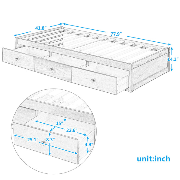 English Elm Twin Platform Storage Bed with 3 Under Frame Drawers Pine Wood Low Profile WF193634AAD