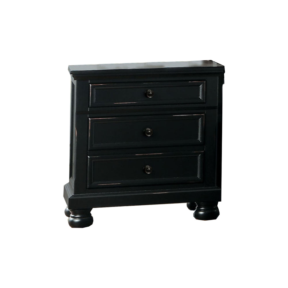 English Elm Transitional Black Wood Nightstand with Bun Legs and Three Drawer Hidden Storage B056P417105