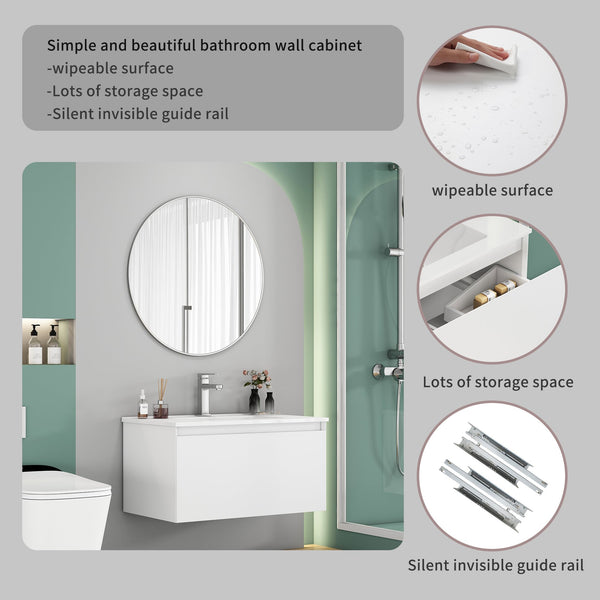 English Elm 32-Inch Wall-Mounted Bathroom Vanity With Soft-Close Drawer, Ceramic Sink, Matte White Finish, Modern Design W3151S00042
