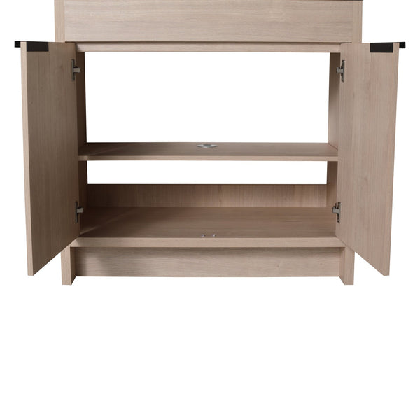 English Elm 36 Inch Freestanding Vanity with White Resin Sink, Soft-Close Doors, Adjustable Shelf, Water-Resistant Finish W999S00277