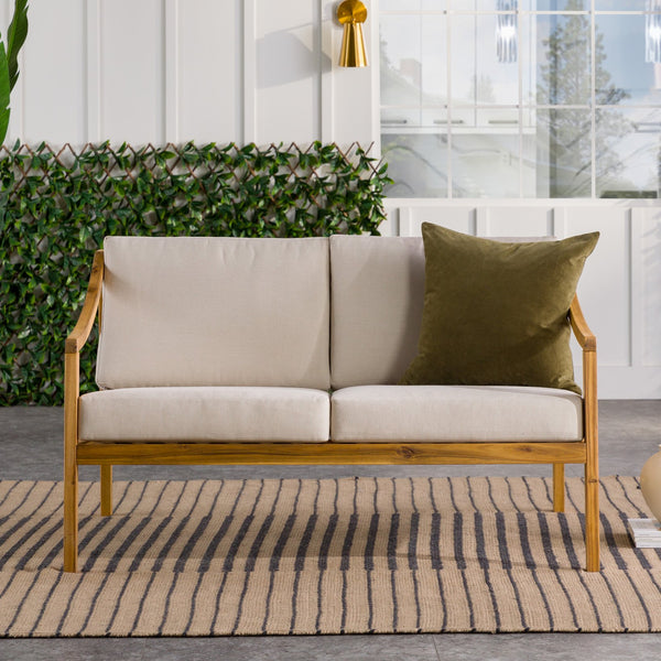 English Elm Walker Edison - Modern Curved Arm Solid Wood Upholstered Outdoor Loveseat Natural Acacia, Removable Cushions, Eco-Friendly Finish, Slatted Design, Easy Assembly B185P169200