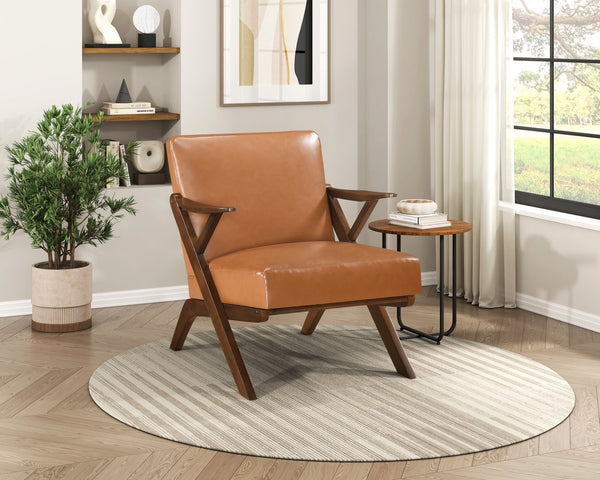 English Elm Brown Solid Rubberwood Frame Accent Chair with Brown Faux Leather Upholstery, Cozy Modern Living Room Seat Brown 26 L x 25.25 W x 12.5 H B011P287474