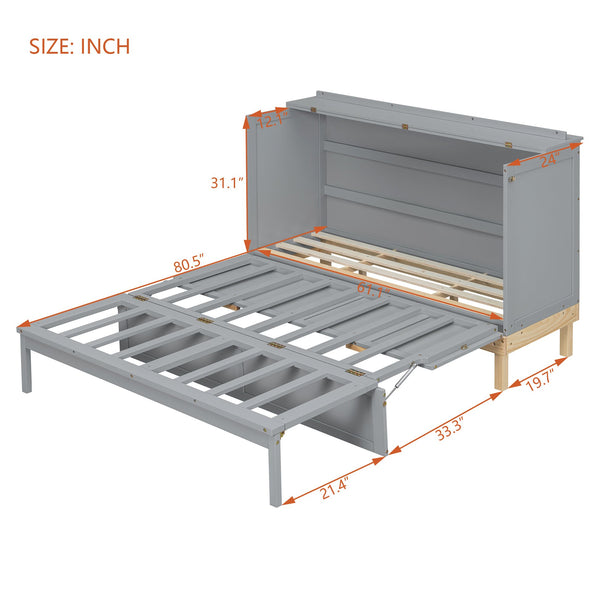 English Elm Queen Murphy Wall Bed Solid Pine Cabinet with Drawer Modern Space Saving Design Gray N708P243886E