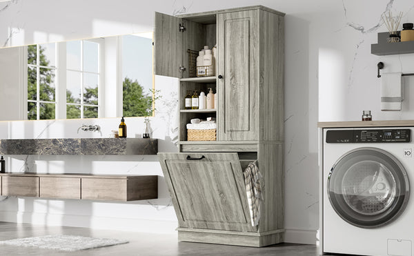 English Elm Tall Storage Cabinet with Flip-Out Basket, Adjustable Shelves & Aluminum Handles for Organized Living Oak N725P322739L