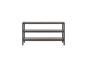 English Elm Console Table with Elm Veneer and Metal Frame, Latte Finish, Modern Soft Lines and Open Storage Shelves Black 64 L x 22 W x 12 H B2699P238781