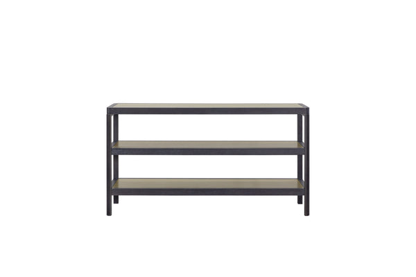 English Elm Console Table with Elm Veneer and Metal Frame, Latte Finish, Modern Soft Lines and Open Storage Shelves Black 64 L x 22 W x 12 H B2699P238781