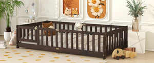 English Elm Twin Low Profile Rubberwood Floor Bed with Full Safety Fence for Toddler Rooms Espresso W504P429279