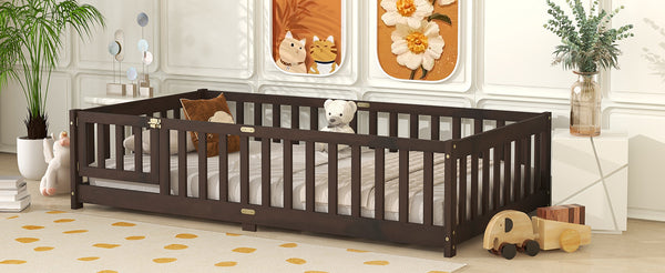 English Elm Twin Low Profile Rubberwood Floor Bed with Full Safety Fence for Toddler Rooms Espresso W504P429279