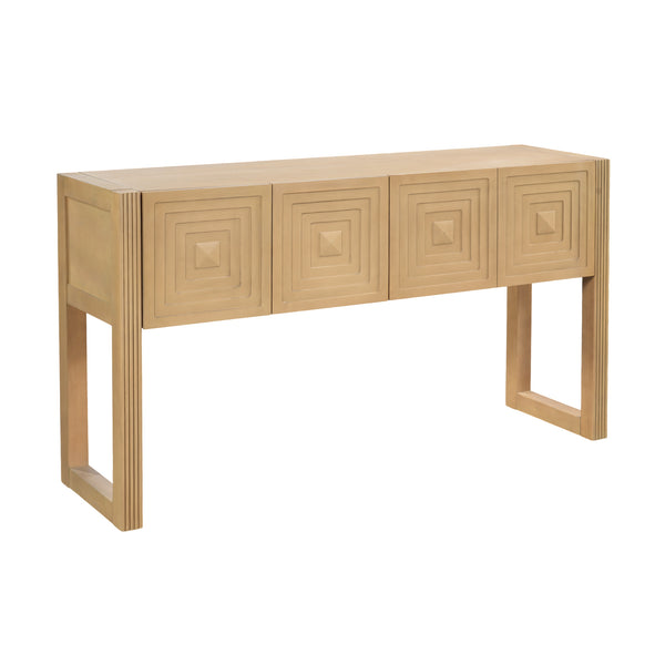 English Elm [video] Art Deco Console Table Geometric Carved Fronts Fluted Legs 3 Soft-close Drawers Light Brown N759P433572T