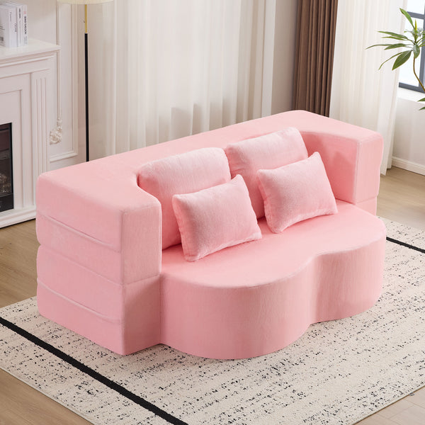 English Elm Queen Foldable Sofa Bed with Plush Chenille Cover, High-Density Foam Convertible Futon for Living Room Guest Room Bedroom Pink W1829P348205