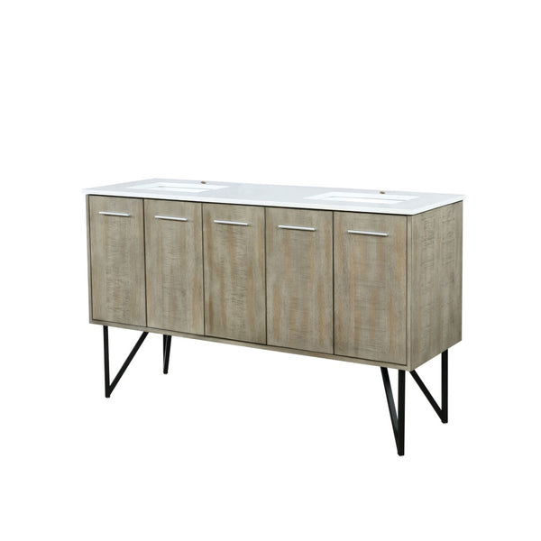 English Elm Rustic Acacia Double Bath Vanity 60" W With White Quartz Top, Soft-Close Hardware & Ample Storage B2731P259628-GIGA