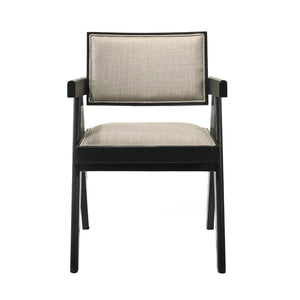 English Elm Set Of 2 Dining Arm Chairs - Beige Upholstered Seats, Sleek Black Frame, Modern Comfort & Style B016P392173-GIGA