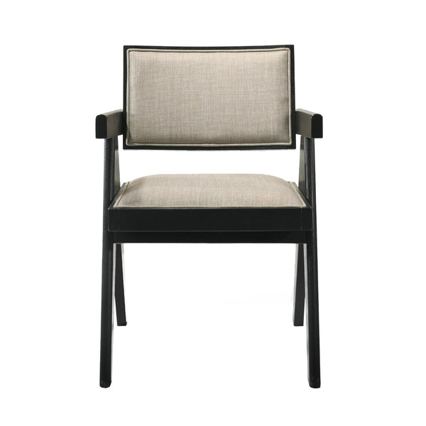 English Elm Set Of 2 Dining Arm Chairs - Beige Upholstered Seats, Sleek Black Frame, Modern Comfort & Style B016P392173-GIGA