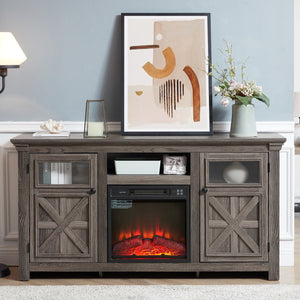 English Elm 2 Door Farmhouse Tv Console with Electric Fireplace Barn Style Grey Finish 60 Inch W1758S00025