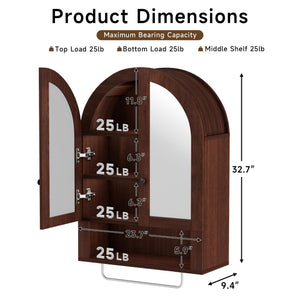 English Elm Wall Mounted Arched Cabinet Tempered Glass Doors Led Lighting Adjustable Shelves Bathroom Brown T3210P471559