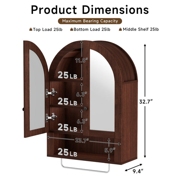 English Elm Wall Mounted Arched Cabinet Tempered Glass Doors Led Lighting Adjustable Shelves Bathroom Brown T3210P471559
