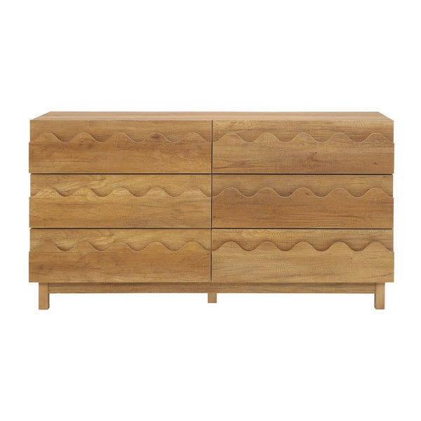 English Elm 60" Wave Front Six Drawer Dresser Sculptural Engineered Wood Media Console for Bedroom Oak N739S0000011N