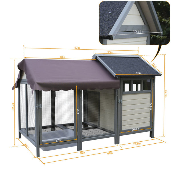 English Elm Large Breed Outdoor Doghouse Solid Fir Wood Covered Porch Weatherproof Asphalt Roof W1431S00013